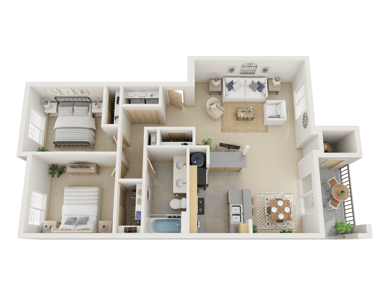 Floor plan for 2 beds, 1 bath, 949 sqft